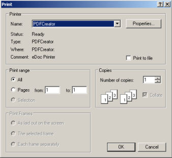 screenshot of printer PDFCreator selected