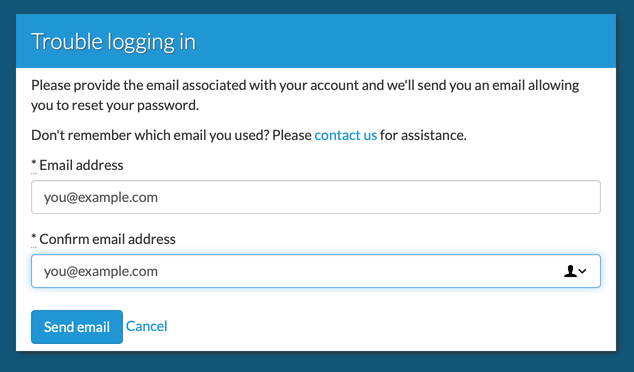 Log in assistance screen displaying fields to enter and verify email address